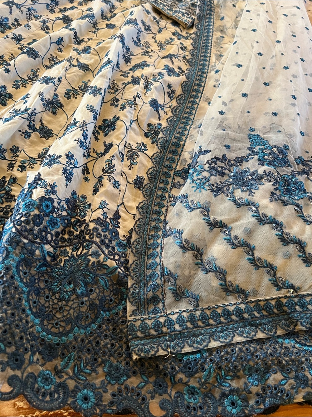 Elegant Blue & White Floral Maxi Dress with Sheer Dupatta brand Faiza saqlain - Picture 15 of 17